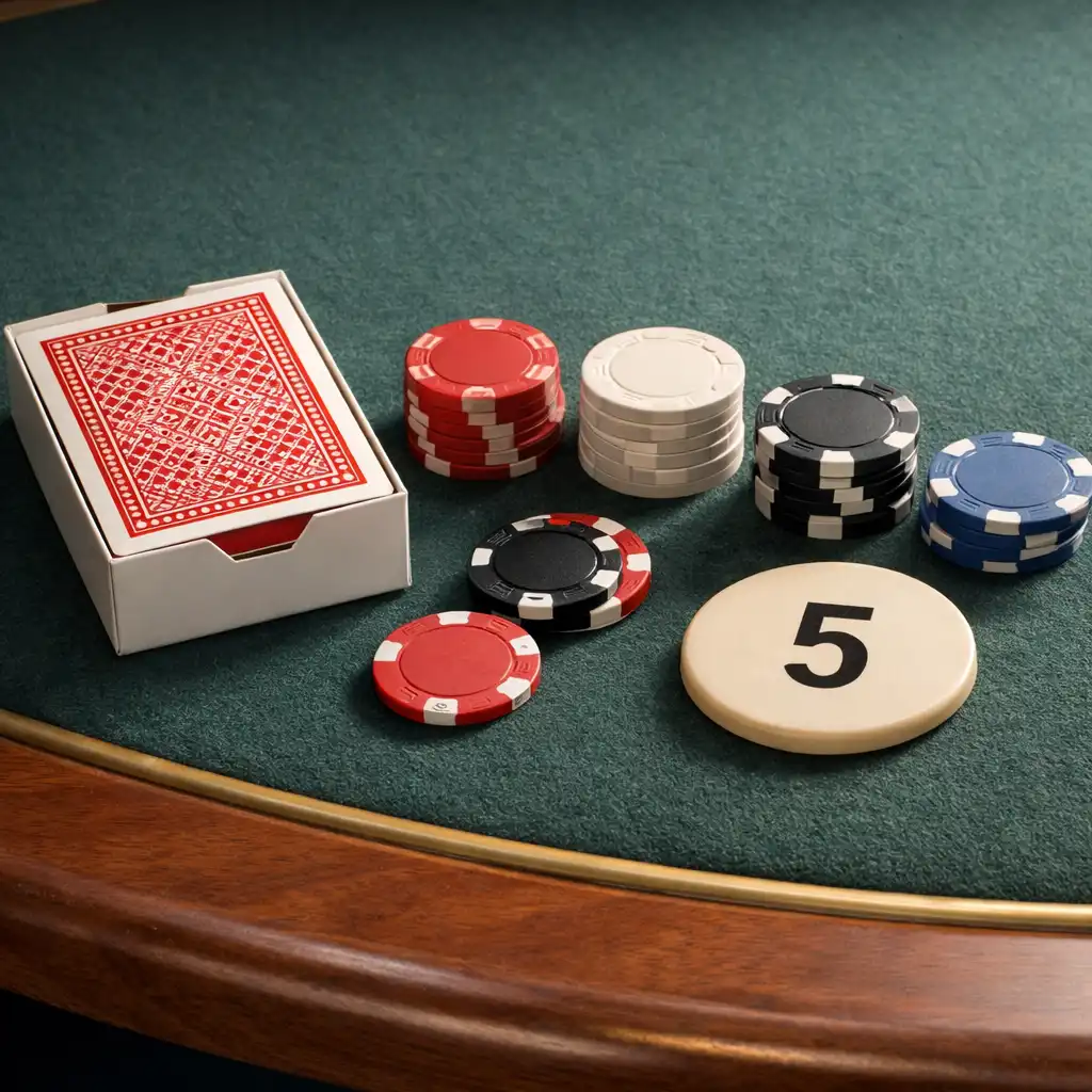 Detal stołu pokerowego: talia kart, spokojnie ułożone żetony i oznaczenie miejsca przy filcowym blacie.