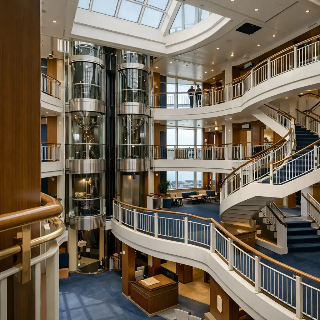 Wielopoziomowe atrium statku wycieczkowego ze schodami, windami i jasnymi balustradami