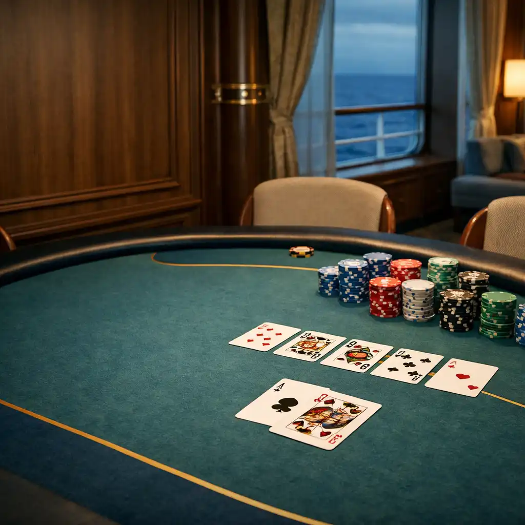 Spokojny stół pokerowy w kasynie współczesnego statku wycieczkowego, z kartami i uporządkowanymi żetonami.