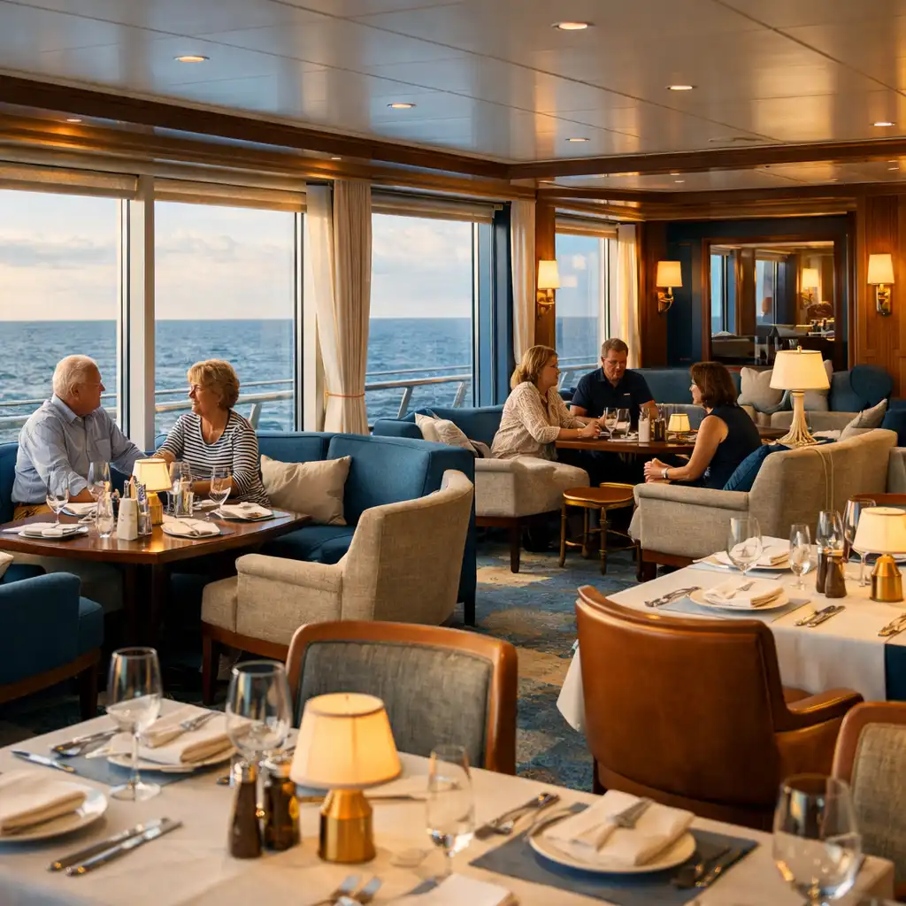 Spokojna restauracja i lounge na statku wycieczkowym z nakrytymi stołami oraz widokiem na morze